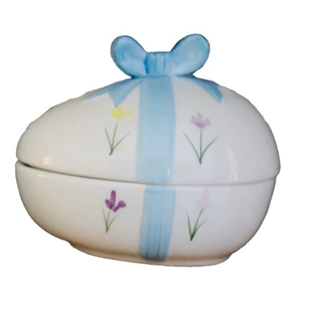 Easter Egg Covered Dish Pastel Ribbon Ceramic Candy Trinket Box Spring Decor